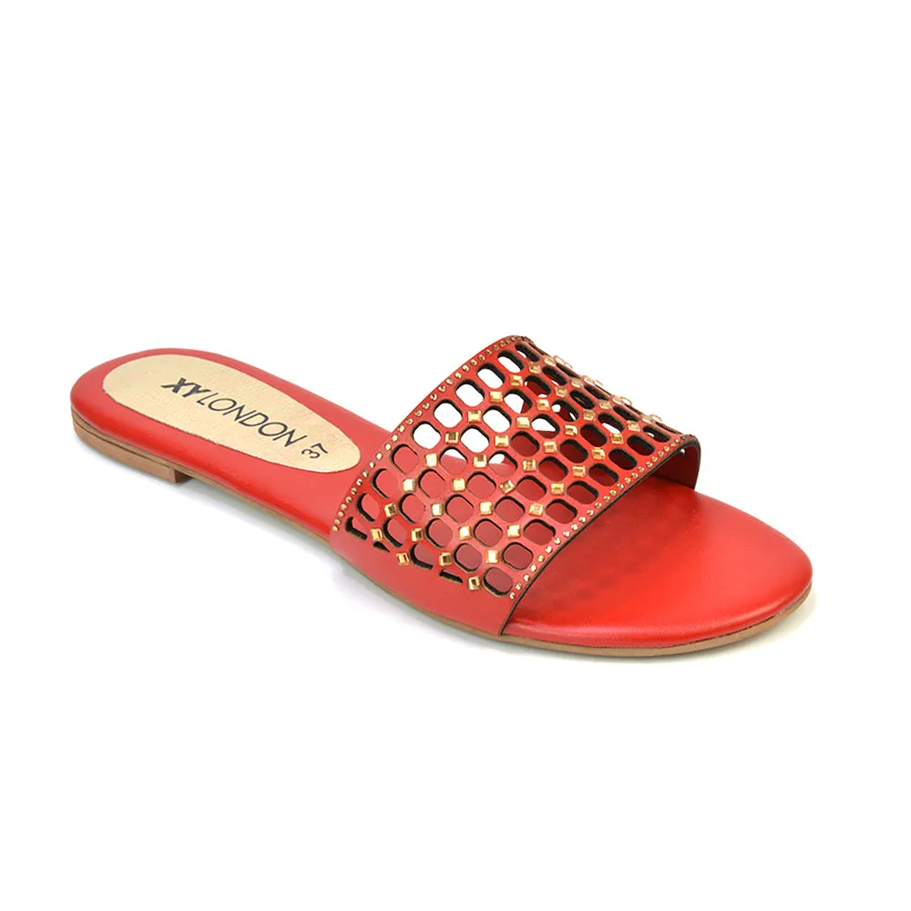 Abbie Mesh Strappy Diamante Slip On Flat Sandals Sliders in Red