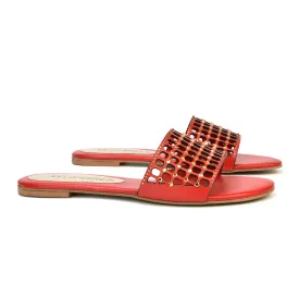 Abbie Mesh Strappy Diamante Slip On Flat Sandals Sliders in Red