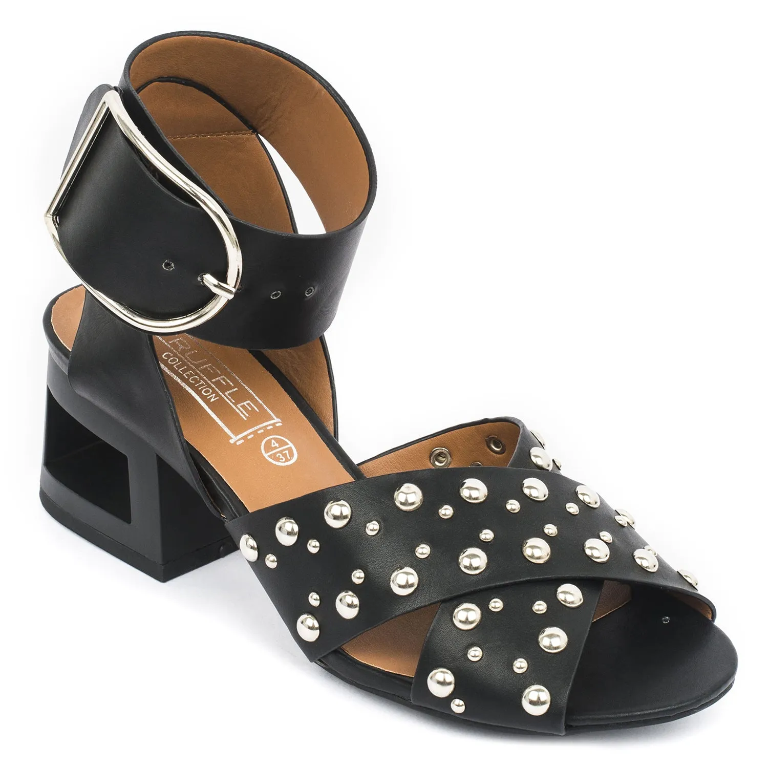 Black Block Studded Cross Over Heeled Sandal