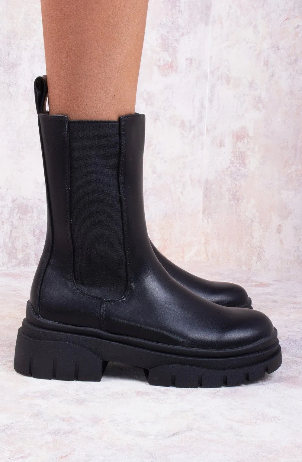 Black Faux Leather Chunky Chelsea Boots