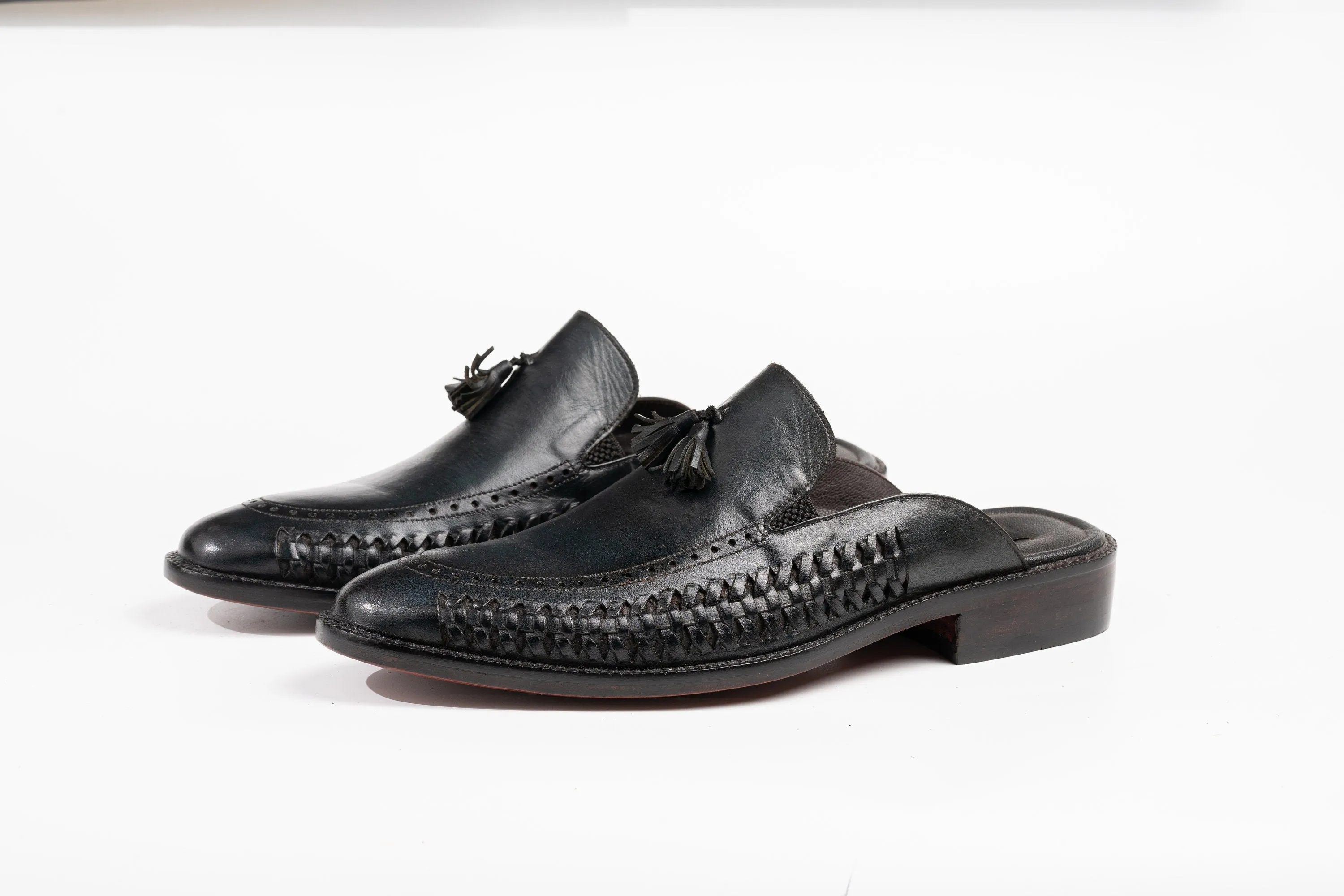 Black or any Color of Your Choice Whole Cut hand weave loafer Backless Slip On Mule Cow Crust Leather Custom Made-To-Order Shoes