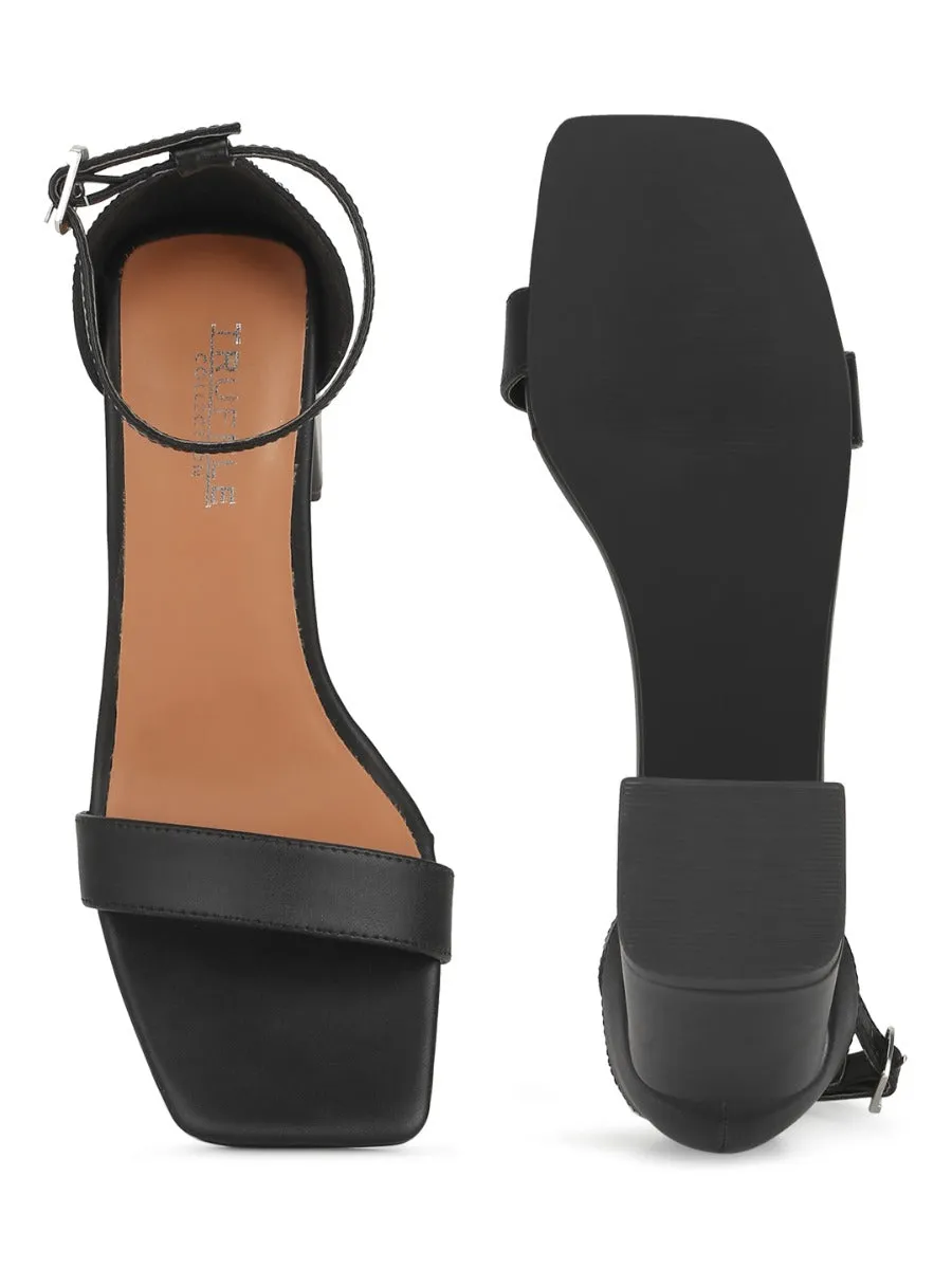 Black PU Block Heel Sandals