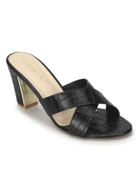 Black PU Block Heel Slip On Mules