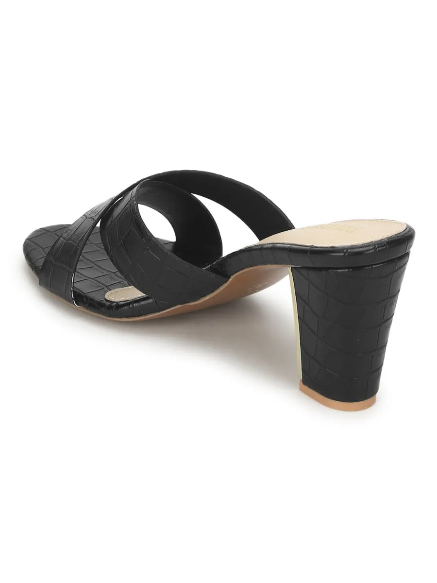 Black PU Block Heel Slip On Mules