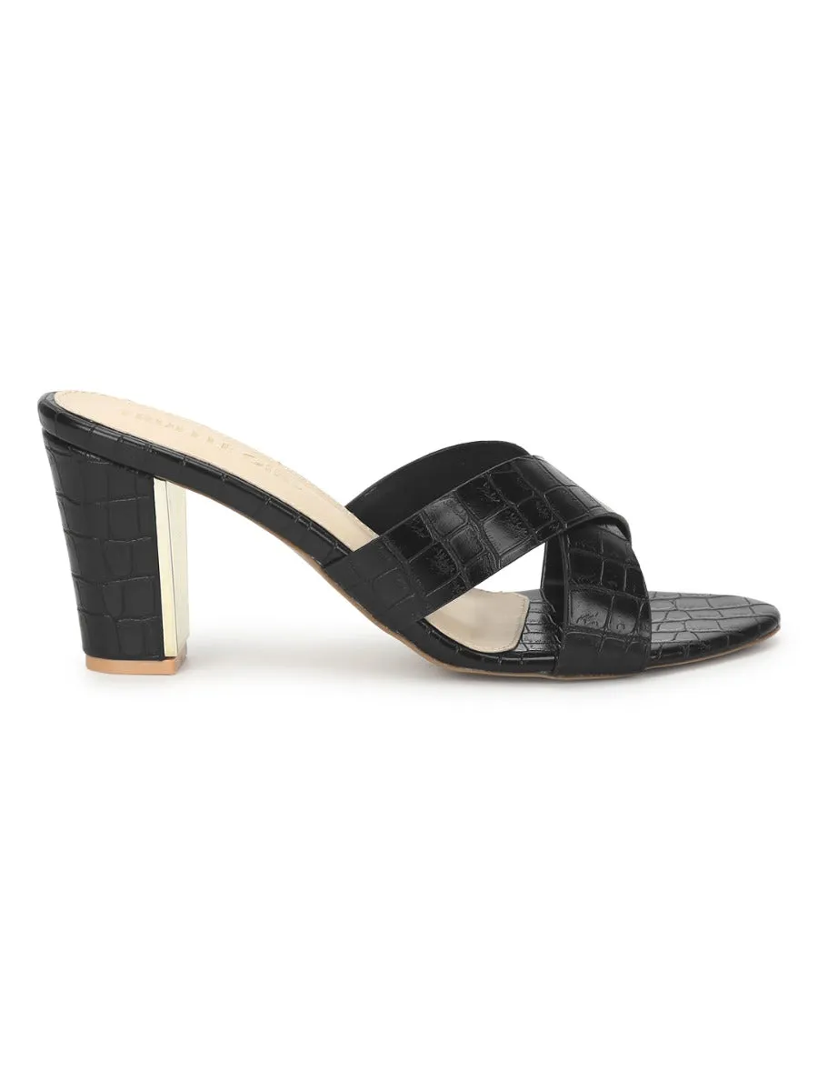 Black PU Block Heel Slip On Mules