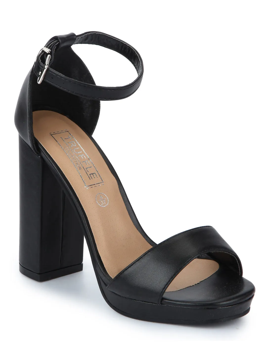 Black PU Pumpped Ankle Strap Block Heels