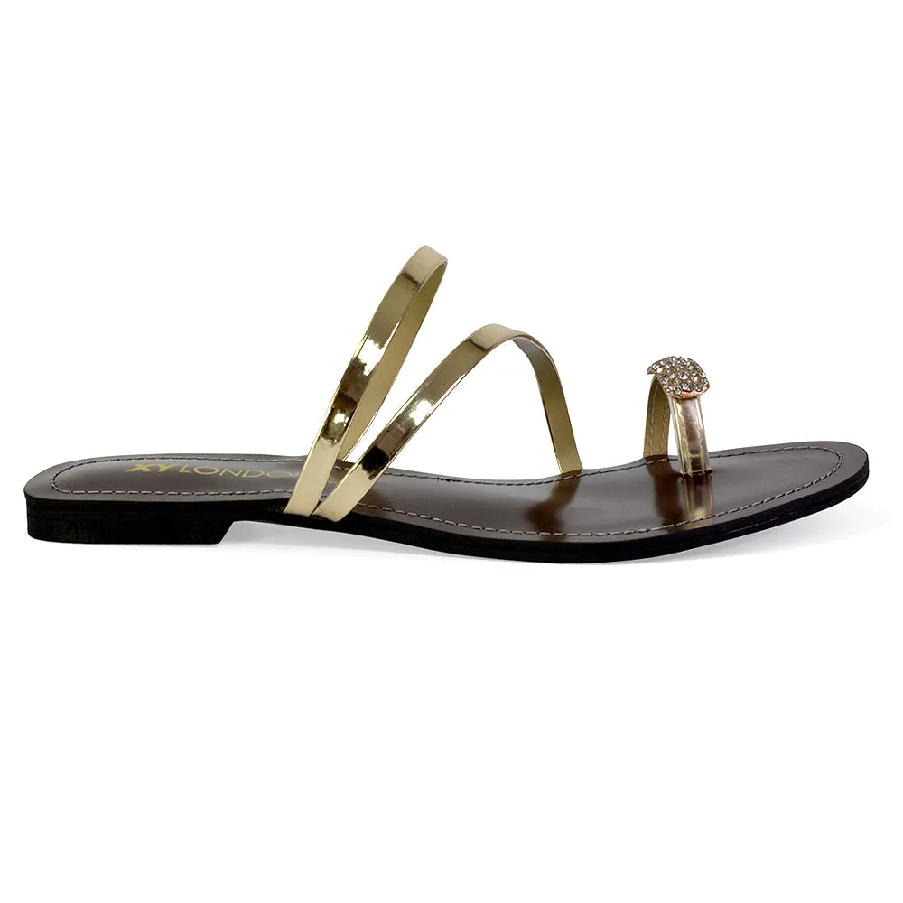 Bliss Embellished Toe Ring Strappy Slip On Flat Diamante Sandal Slides in Gold