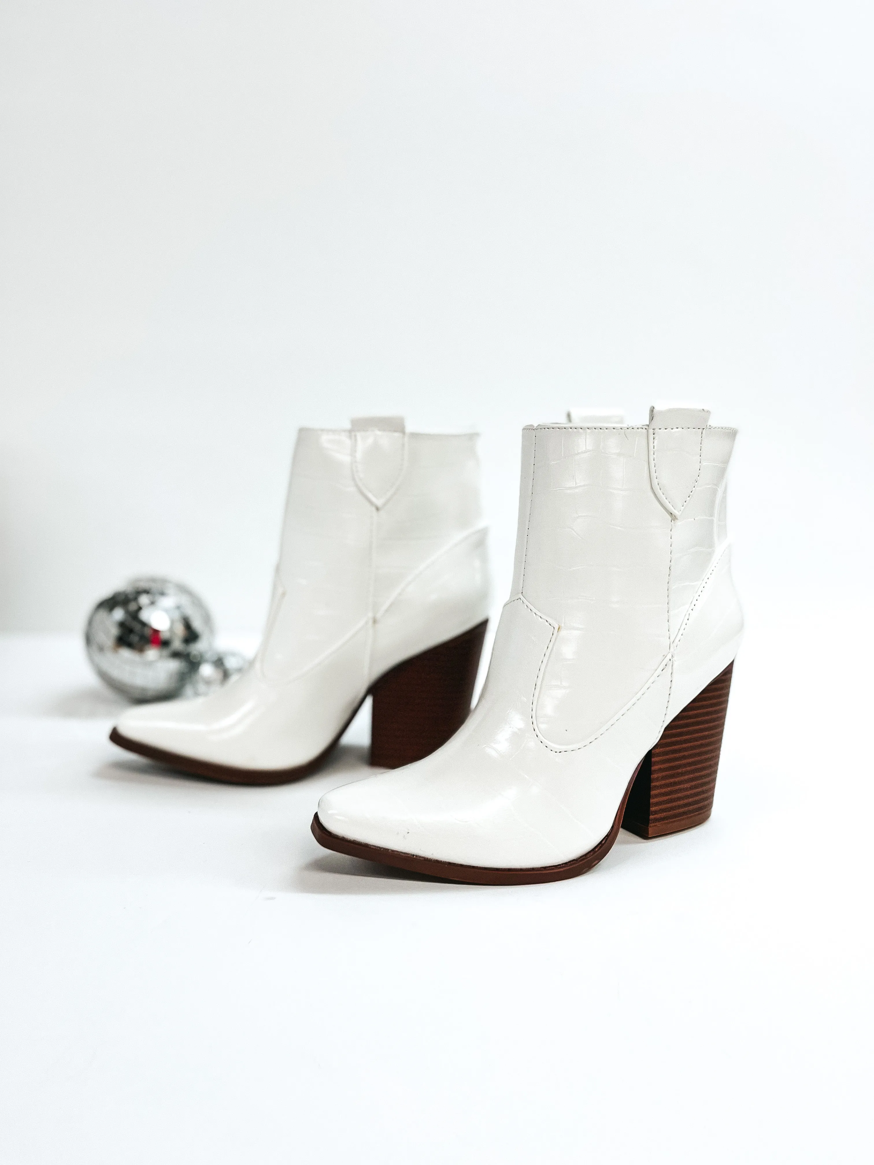 Broadway Strut Crocodile Print Heeled Ankle Booties in White