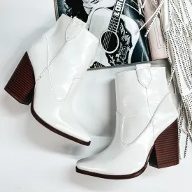 Broadway Strut Crocodile Print Heeled Ankle Booties in White