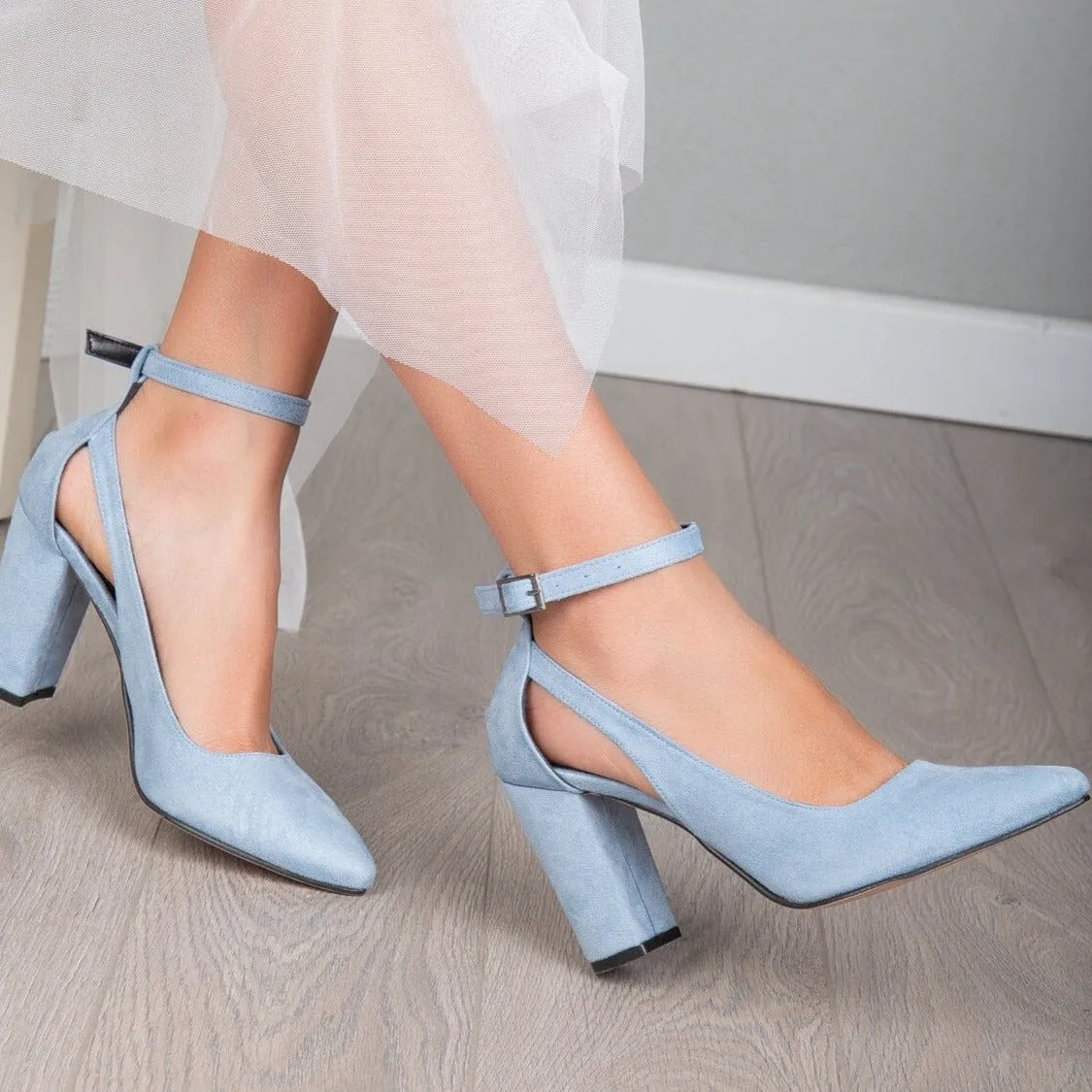 Candice - Baby Blue Suede Shoes with Ribbon