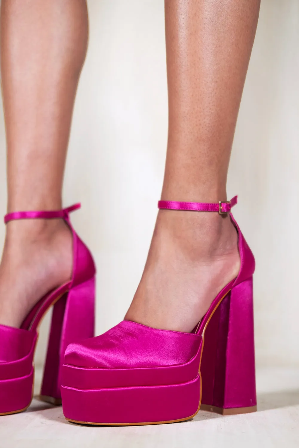 CASSIDY STATEMENT PLATFORM BLOCK HEEL COURT PUMP WITH SQUARE TOE IN FUCHSIA PINK SILK