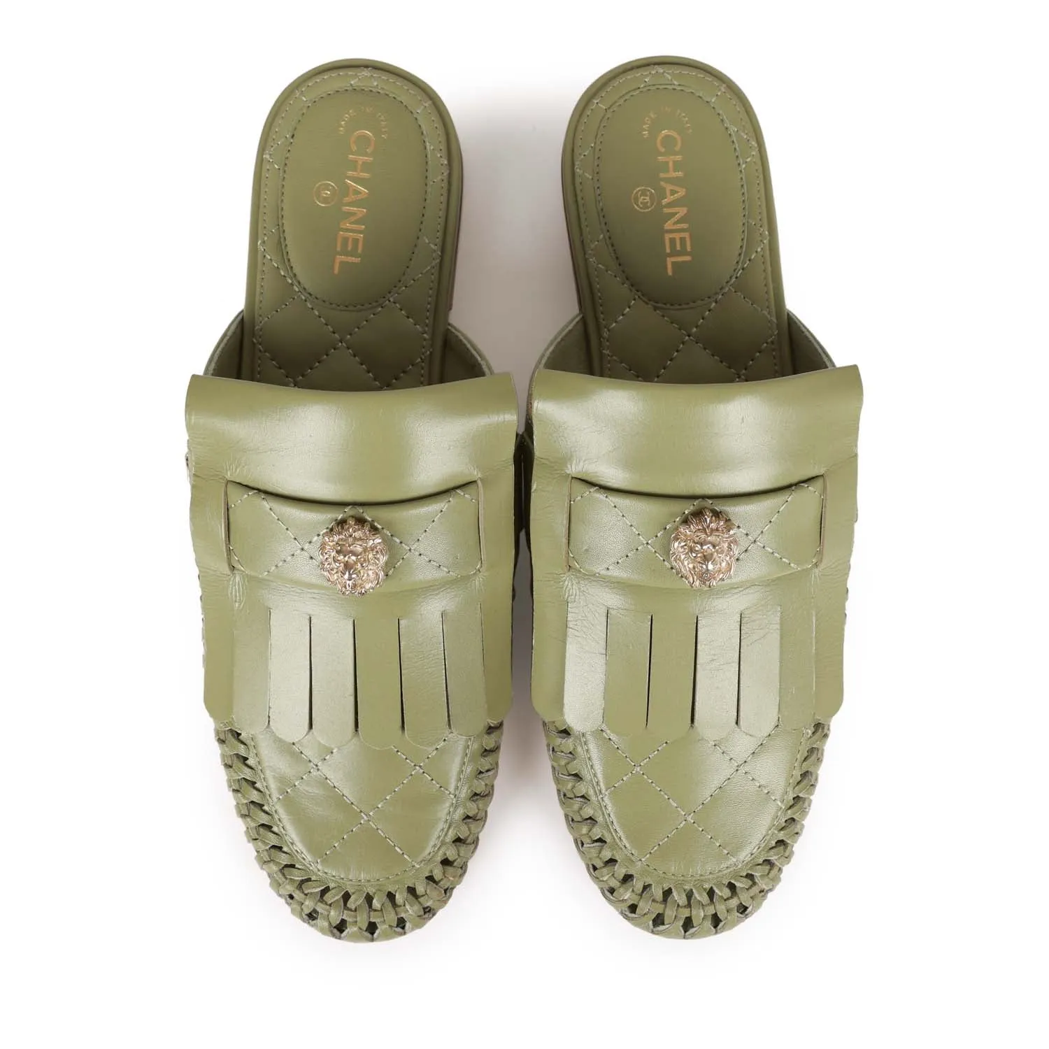 Chanel Lion Head Mules in Sage Green Fringe Leather 35