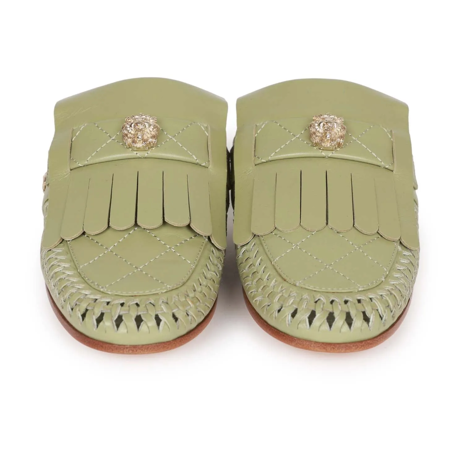 Chanel Lion Head Mules in Sage Green Fringe Leather 35