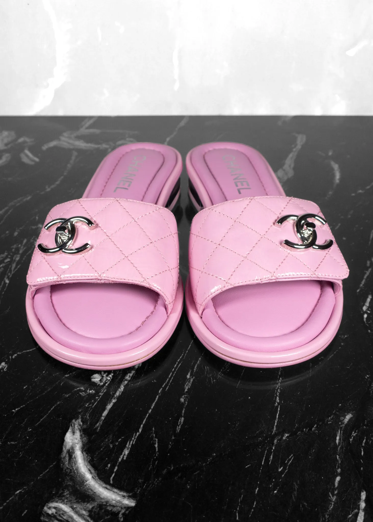 Chanel Patent Goatskin Quilted CC Mules Sandals