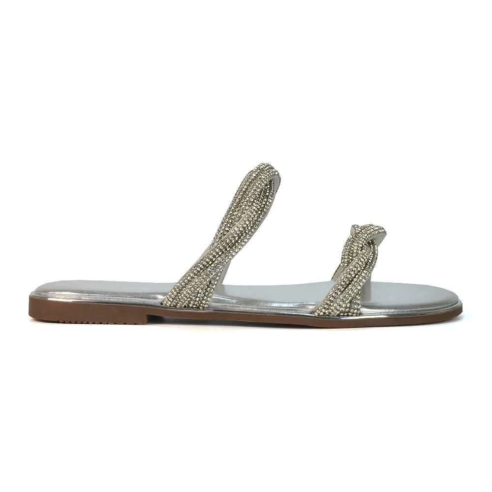 Clara Strappy Flat Diamante Sandals Summer Sliders in Silver