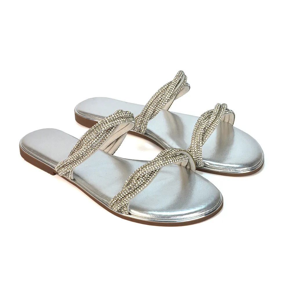 Clara Strappy Flat Diamante Sandals Summer Sliders in Silver