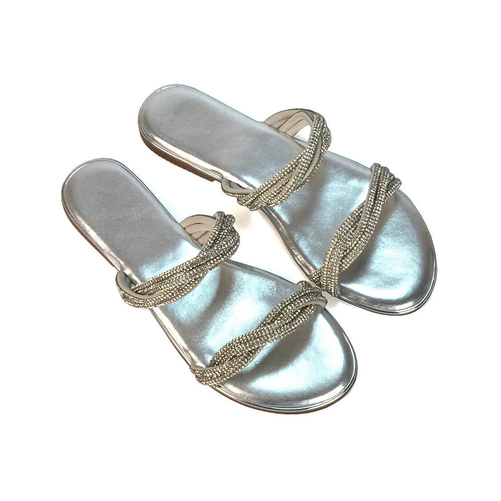 Clara Strappy Flat Diamante Sandals Summer Sliders in Silver