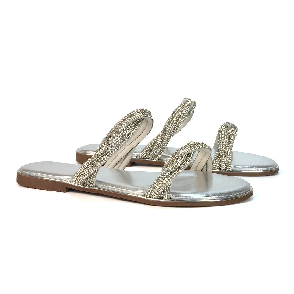 Clara Strappy Flat Diamante Sandals Summer Sliders in Silver