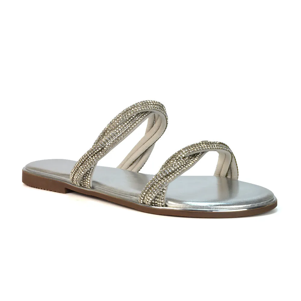 Clara Strappy Flat Diamante Sandals Summer Sliders in Silver