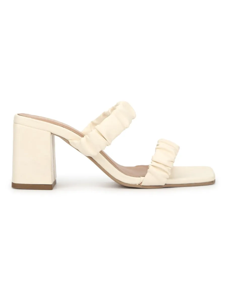 Cream PU Quilted Square Toe Mules