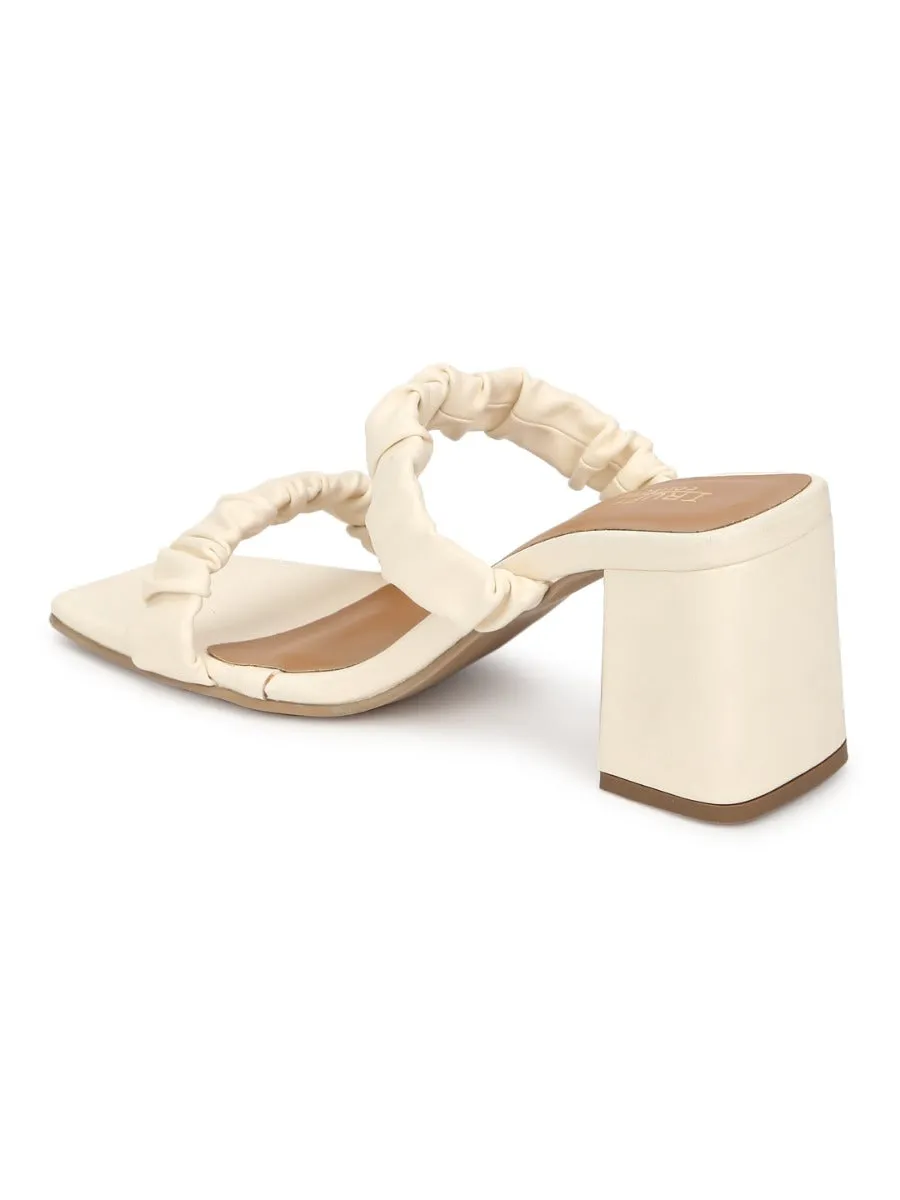 Cream PU Quilted Square Toe Mules