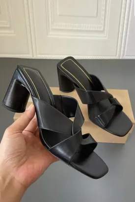 DESGINER BLACK PU CROSS STRAP BLOCK HEEL