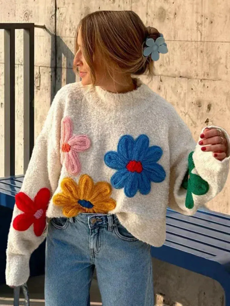 Flower Patch Work Pullover Plush Sweater