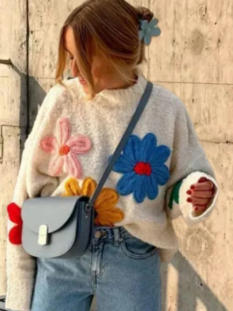 Flower Patch Work Pullover Plush Sweater