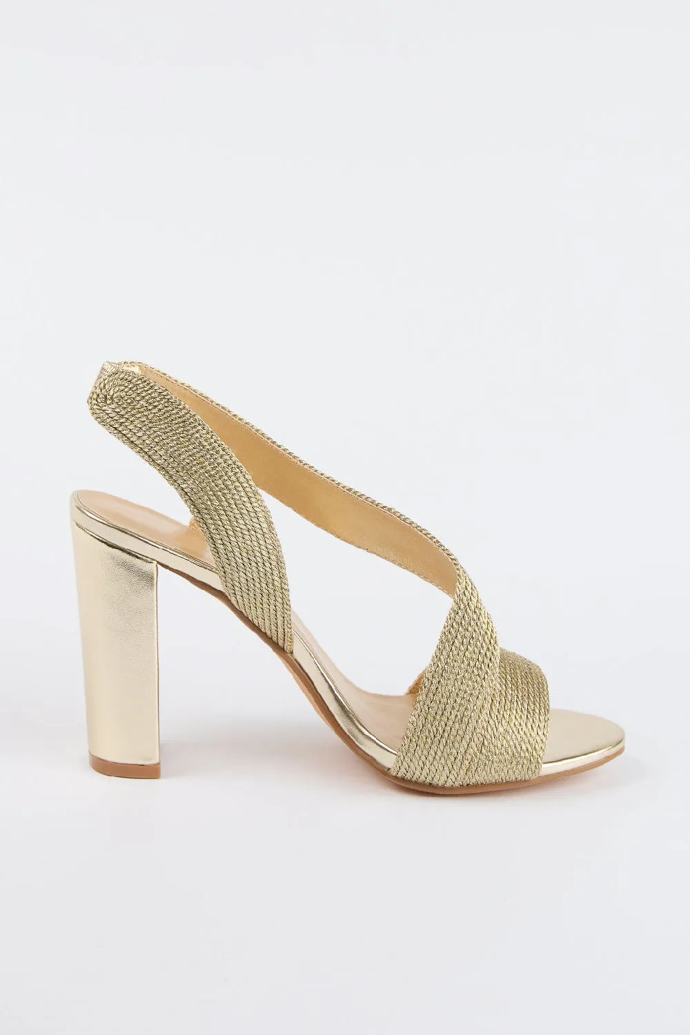 GOLD WOVEN DETAIL BLOCK HEELED PARTY SANDAL