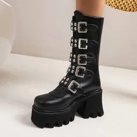 Gothic Steampunk Black Platform Boots Buckle Strap Mid Calf Zipper Boots