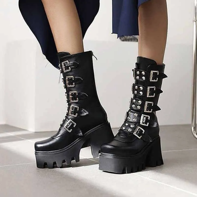 Gothic Steampunk Black Platform Boots Buckle Strap Mid Calf Zipper Boots