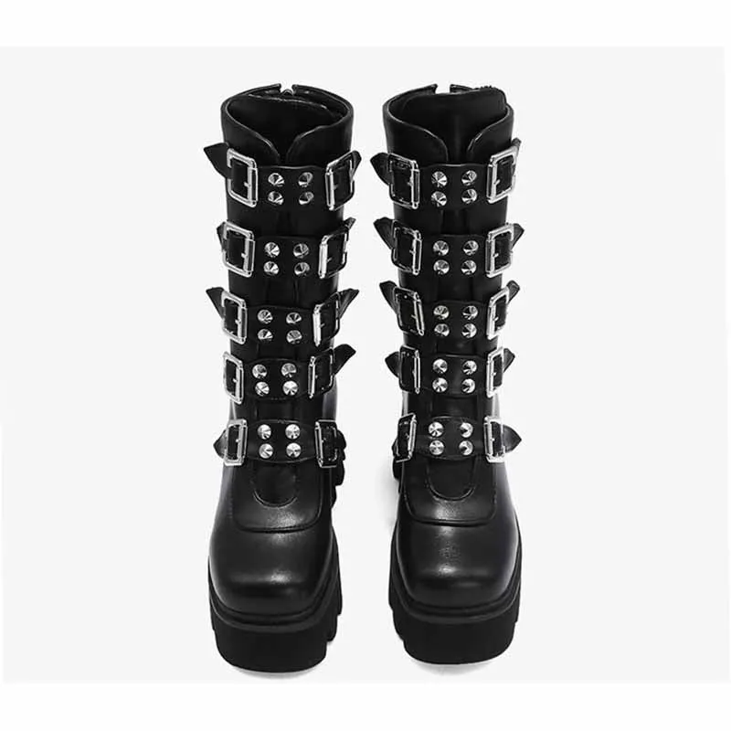 Gothic Steampunk Black Platform Boots Buckle Strap Mid Calf Zipper Boots