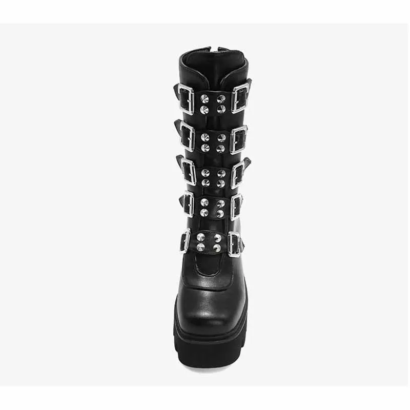 Gothic Steampunk Black Platform Boots Buckle Strap Mid Calf Zipper Boots