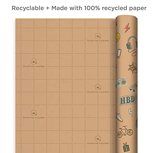 Hallmark Recyclable Wrapping Paper with Cutlines on Reverse (3 Rolls: 60 sq. ft. ttl) Kids Birthday, Retro Icons, Roller Skates, Skateboard