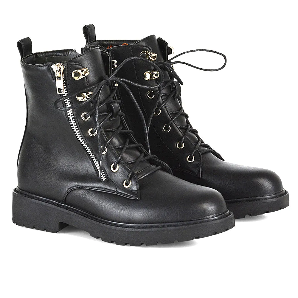 Halsey Flat Zip up Detail Chunky Sole Lace up Biker Ankle Boots In Black PU