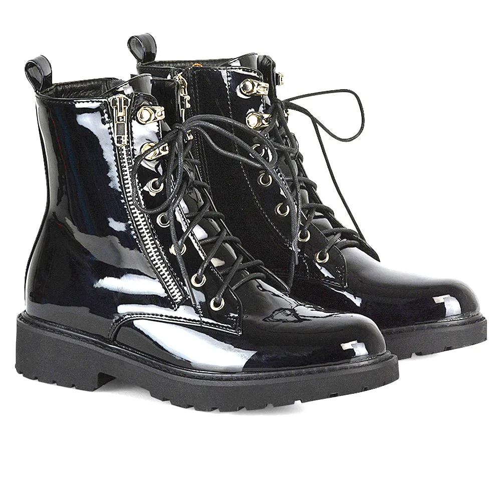 Halsey Flat Zip up Detail Chunky Sole Lace up Biker Ankle Boots In Black PU