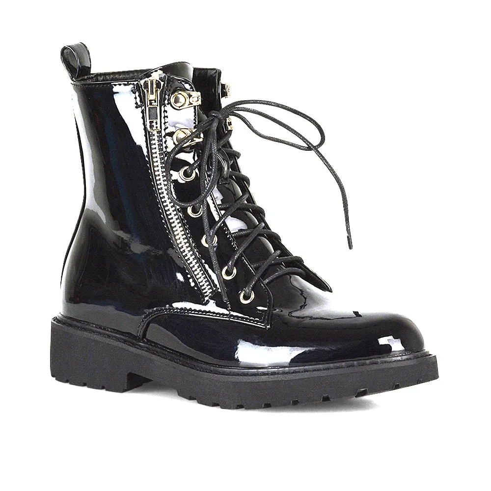 Halsey Flat Zip up Detail Chunky Sole Lace up Biker Ankle Boots In Black PU