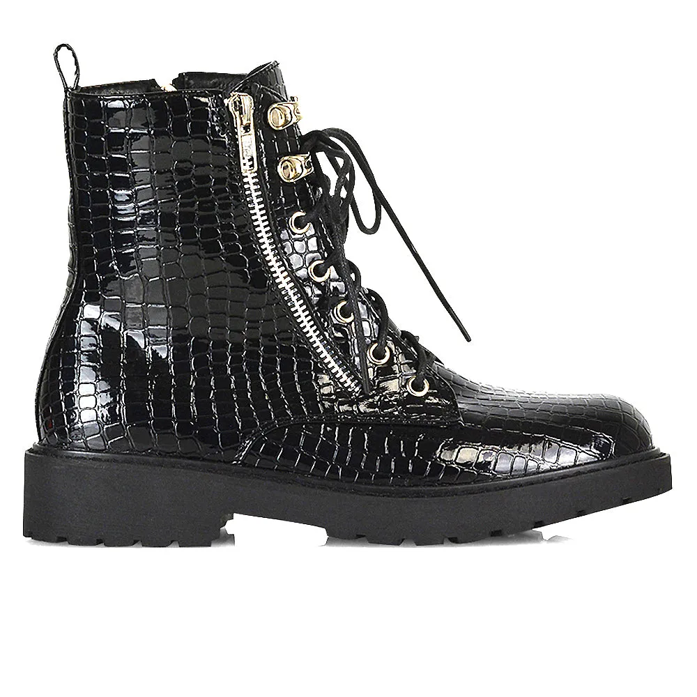 Halsey Flat Zip up Detail Chunky Sole Lace up Biker Ankle Boots In Black PU