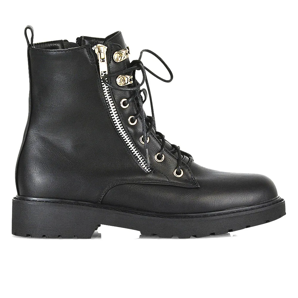 Halsey Flat Zip up Detail Chunky Sole Lace up Biker Ankle Boots In Black PU