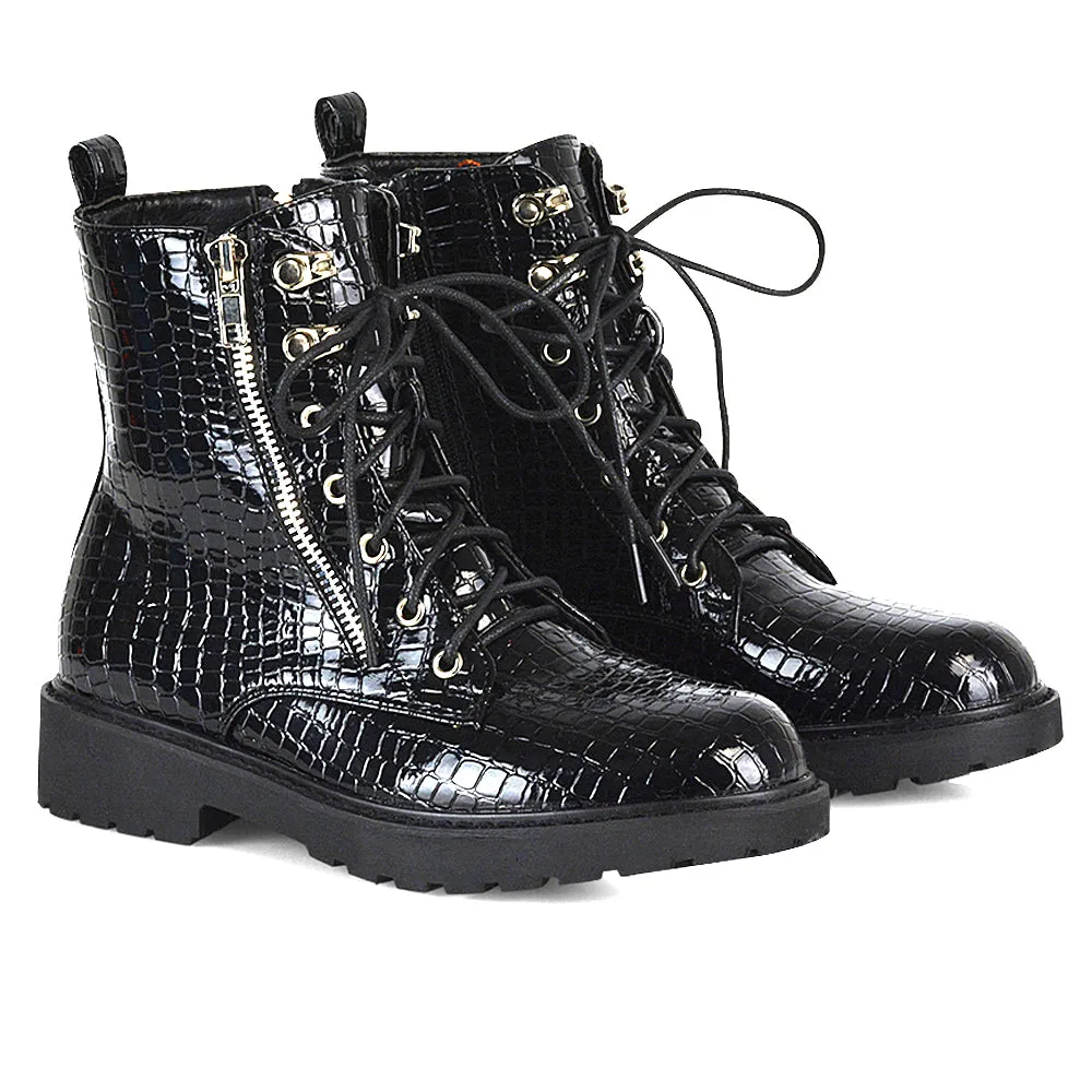 Halsey Flat Zip up Detail Chunky Sole Lace up Biker Ankle Boots In Black PU