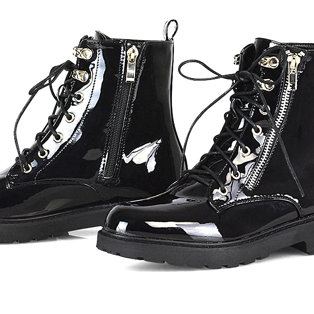 Halsey Flat Zip up Detail Chunky Sole Lace up Biker Ankle Boots In Black PU