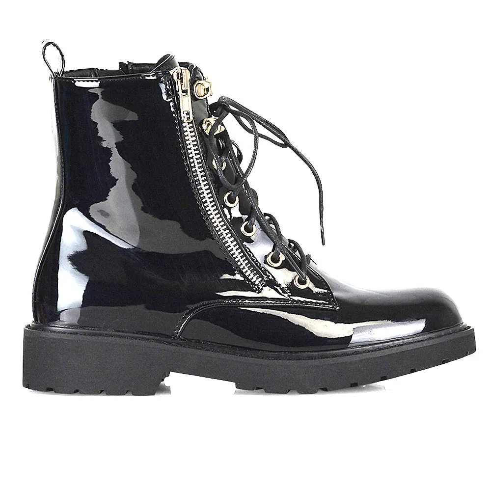 Halsey Flat Zip up Detail Chunky Sole Lace up Biker Ankle Boots In Black PU