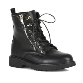 Halsey Flat Zip up Detail Chunky Sole Lace up Biker Ankle Boots In Black PU