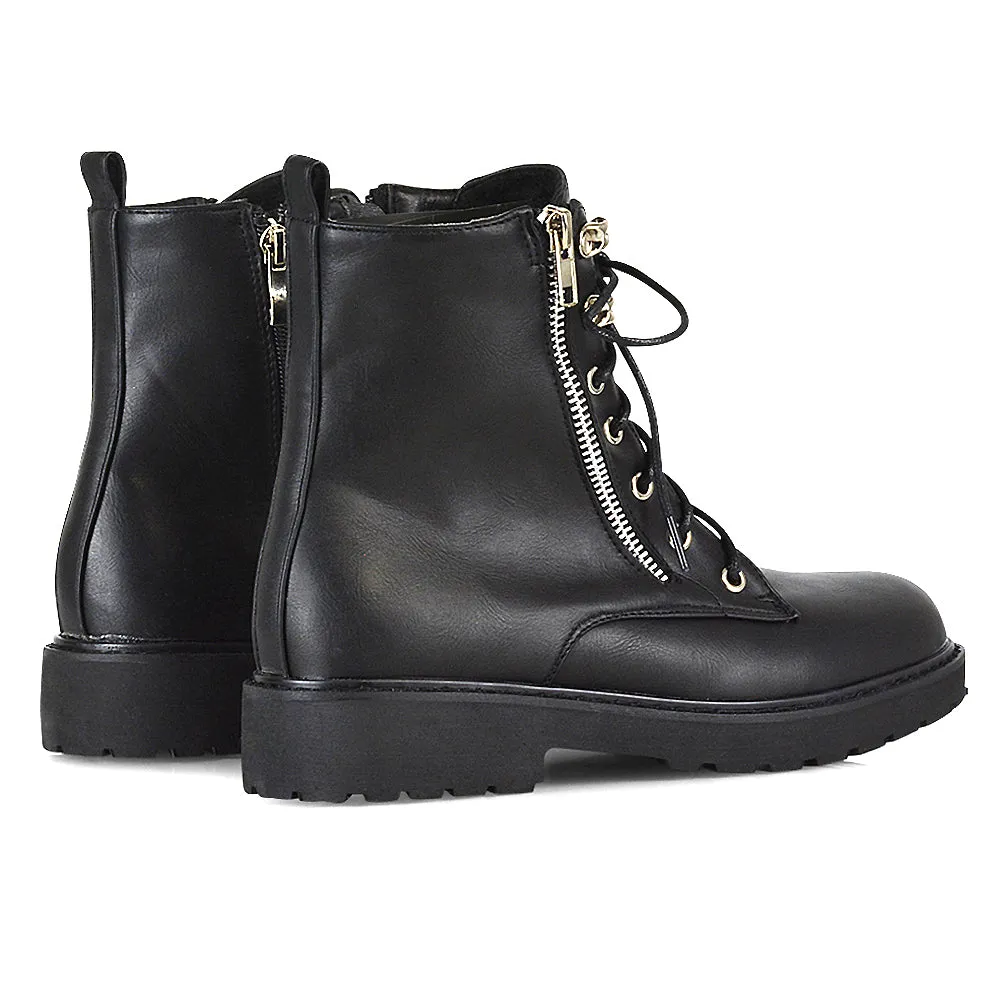 Halsey Flat Zip up Detail Chunky Sole Lace up Biker Ankle Boots In Black PU