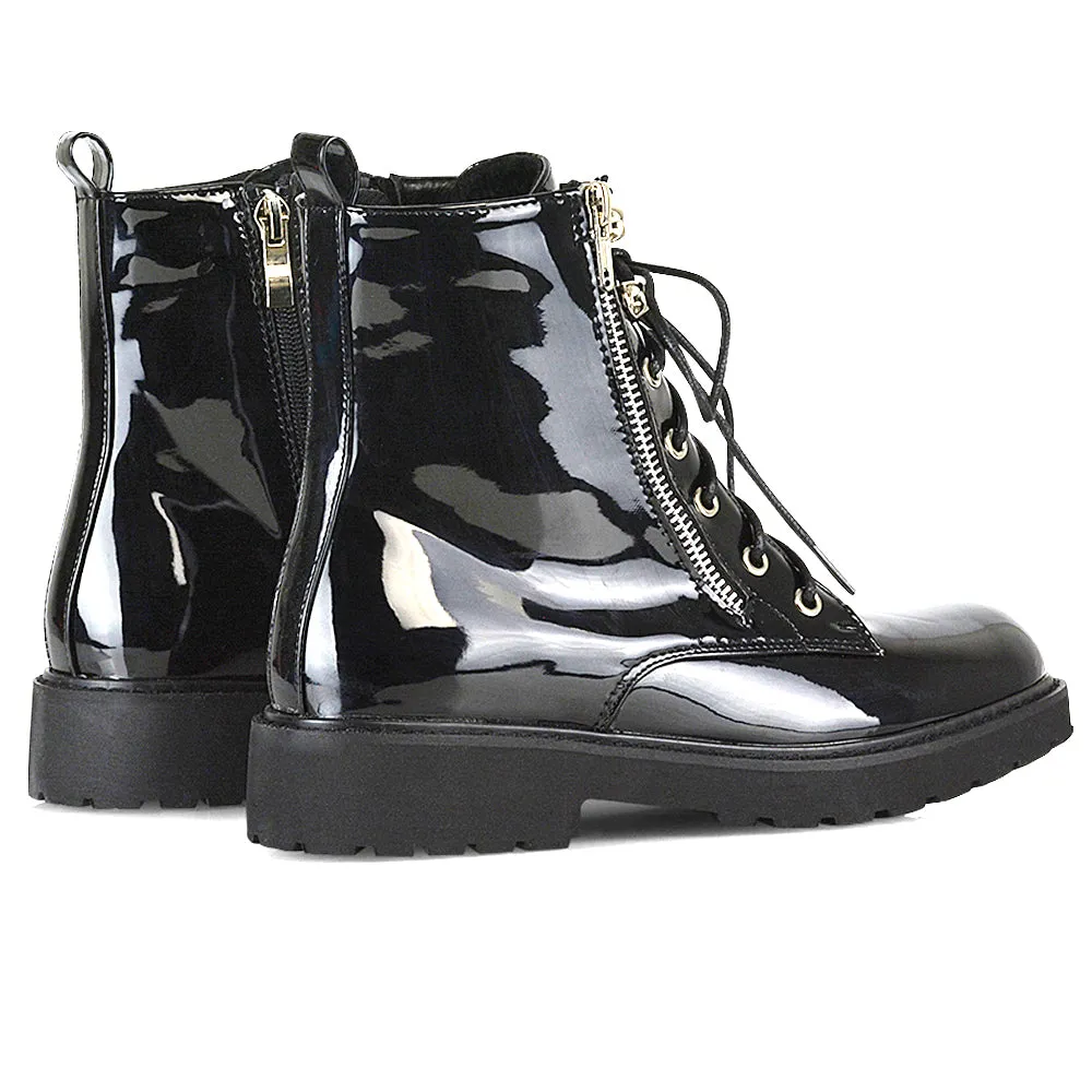 Halsey Flat Zip up Detail Chunky Sole Lace up Biker Ankle Boots In Black PU