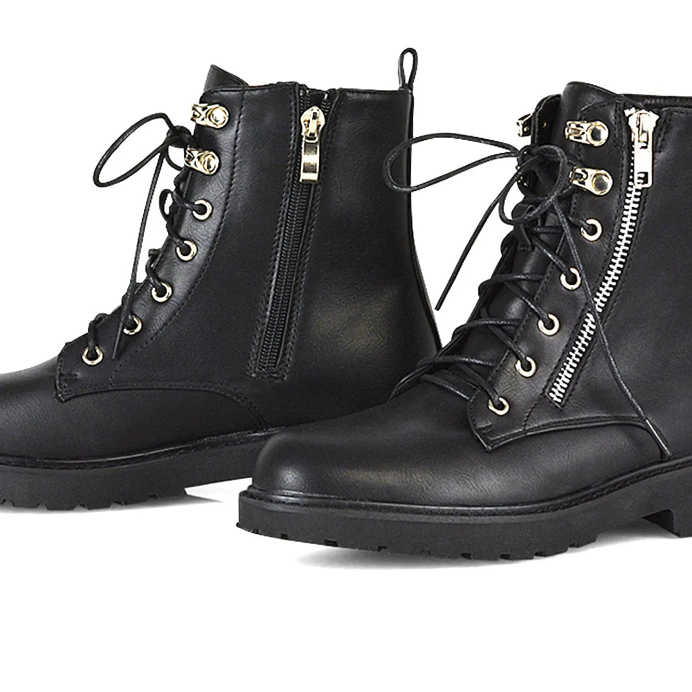 Halsey Flat Zip up Detail Chunky Sole Lace up Biker Ankle Boots In Black PU