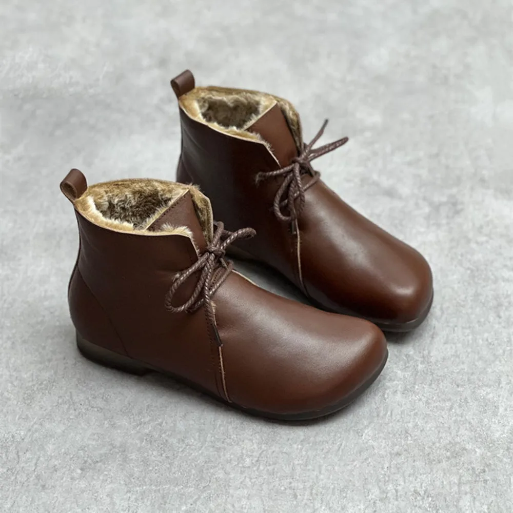 Handmade Genuine Leather Fleece Lace-up Ankle Boots