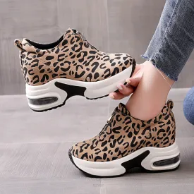 Hidden Heel Casual Platform Shoes Woman Sneakers Suede Slip on Shoes Women Height Increasing Flock Leopard Print Wedges Shoes