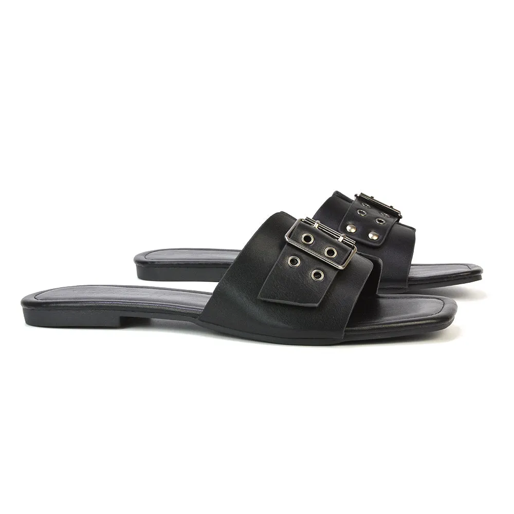 Inez Square Toe Slip On Strappy Flat Sandals With Buckle in Black