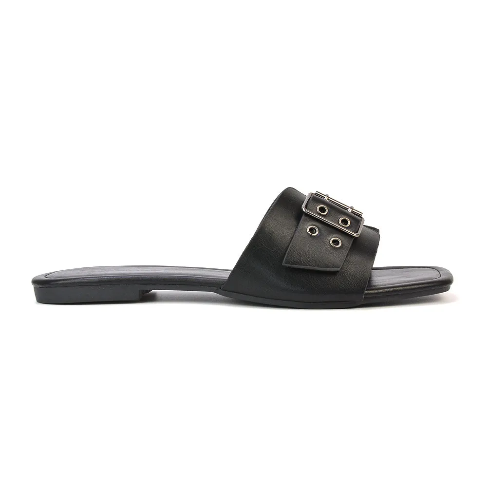 Inez Square Toe Slip On Strappy Flat Sandals With Buckle in Black